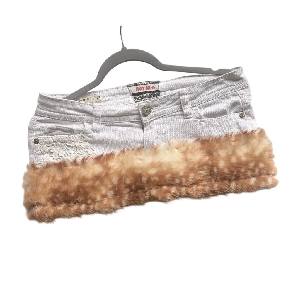 $70 Upcycled Vintage Denim Micro Skirt Deer Fur Trim M